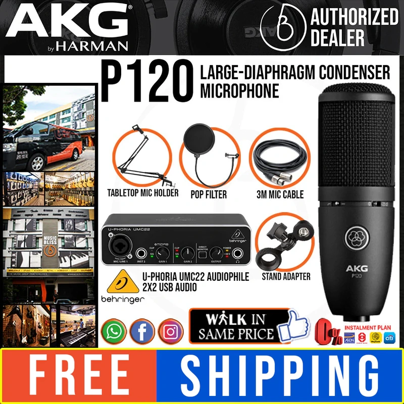 AKG P120 Large-Diaphragm Condenser Microphone with Behringer U-Phoria UMC22 Audiophile 2x2 USB Audio Interface, Mic Holder, Pop Filter and Cable