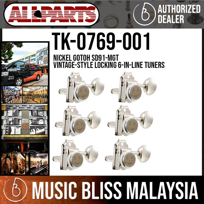 ALLPARTS TK-0769-001 Nickel Gotoh SD91-MGT Vintage-style Locking 6-in-line Tuners (Pack of 6)