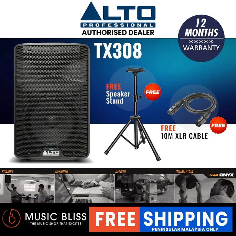 Alto TX308 350W 8" Powered Speaker with Stand and Cable