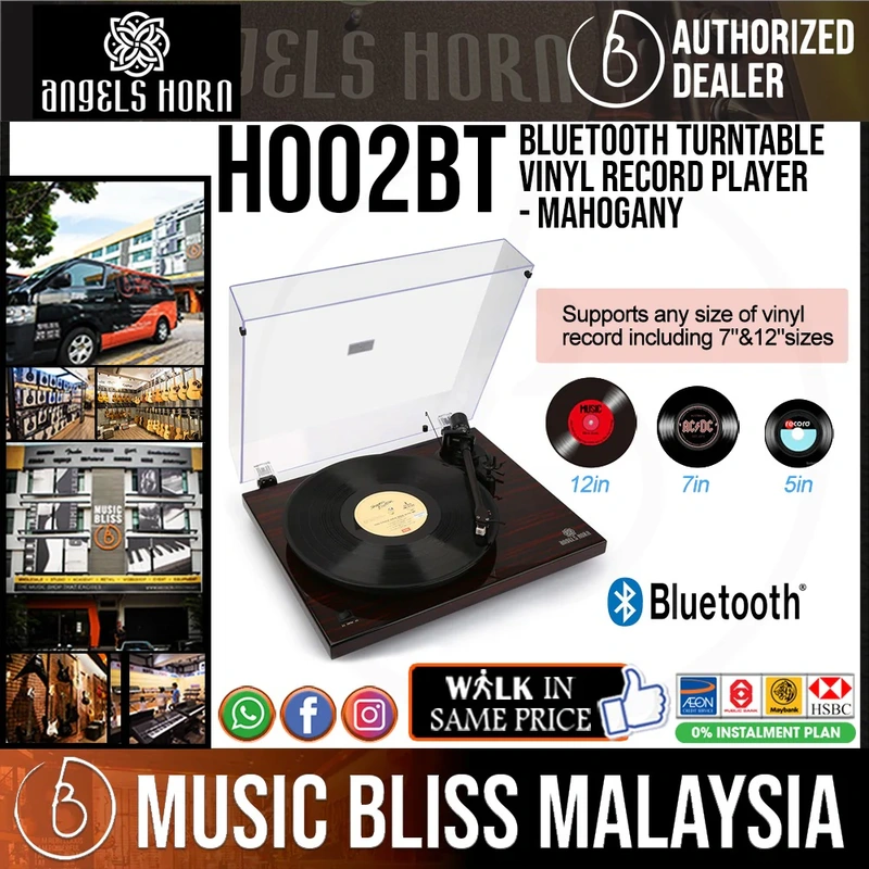 Angels Horn H002BT-BK Bluetooth Turntable Vinyl Record Player (Mahogany) AT3600L Catridge, Best Value Buy Beginner Turntable Vinyl Record Player