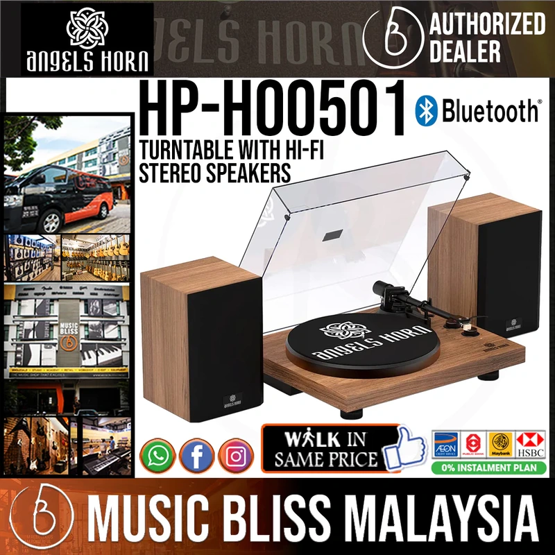 Angels Horn HP-H00501 Walnut Bluetooth Turntable with Hi-Fi Stereo Speakers AT3600L Catridge, Best Value Buy Beginner Turntable Vinyl Record Player