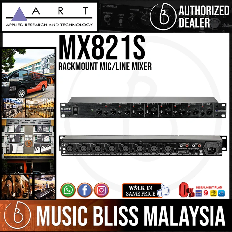 ART MX821S Rackmount Mic/Line Mixer w/Individual Volume, Pan, Phantom Power Controls, and Stereo Output