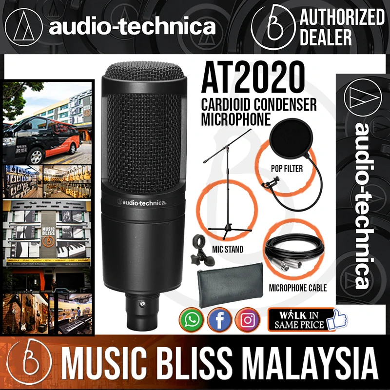 Audio Technica AT2020 Cardioid Condenser Microphone with Mic Stand, Pop Filter and 3m Cable