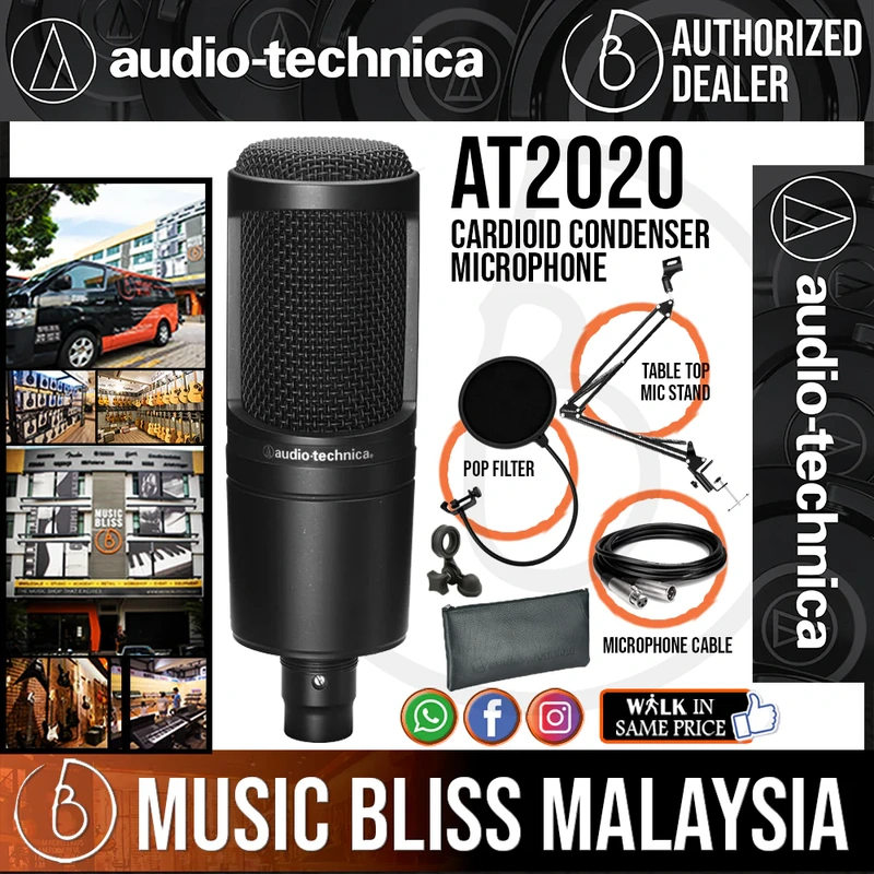 Audio Technica AT2020 Cardioid Condenser Microphone with Pop Filter, Mic Holder and 3m Cable