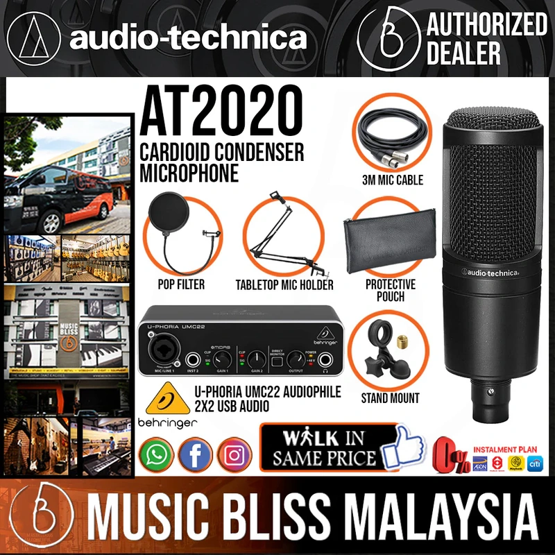 Audio Technica AT2020 Condenser Microphone with Behringer U-Phoria UMC22 Audiophile 2x2 USB Audio Interface, Mic Holder, Pop Filter and Cable
