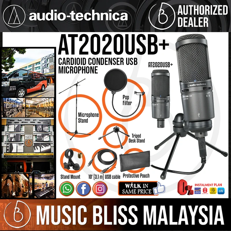 Audio Technica AT2020USB+ Cardioid Condenser USB Microphone with Pop Filter and Mic Stand