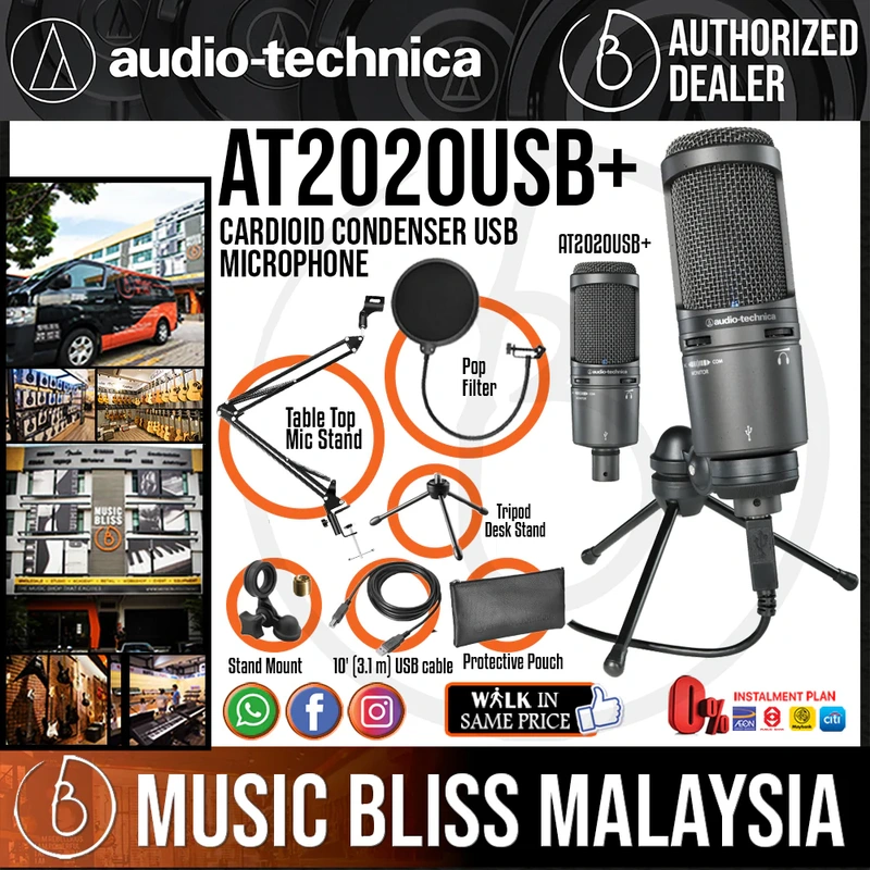 Audio Technica AT2020USB+ Cardioid Condenser USB Microphone with Pop Filter and Table Top Mic Stand
