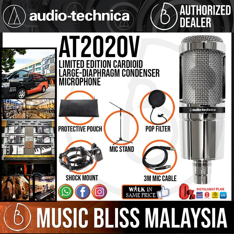 Audio Technica AT2020V Limited Edition Cardioid Large-diaphragm Condenser Microphone with Mic Stand, Pop Filter and 3m Cable
