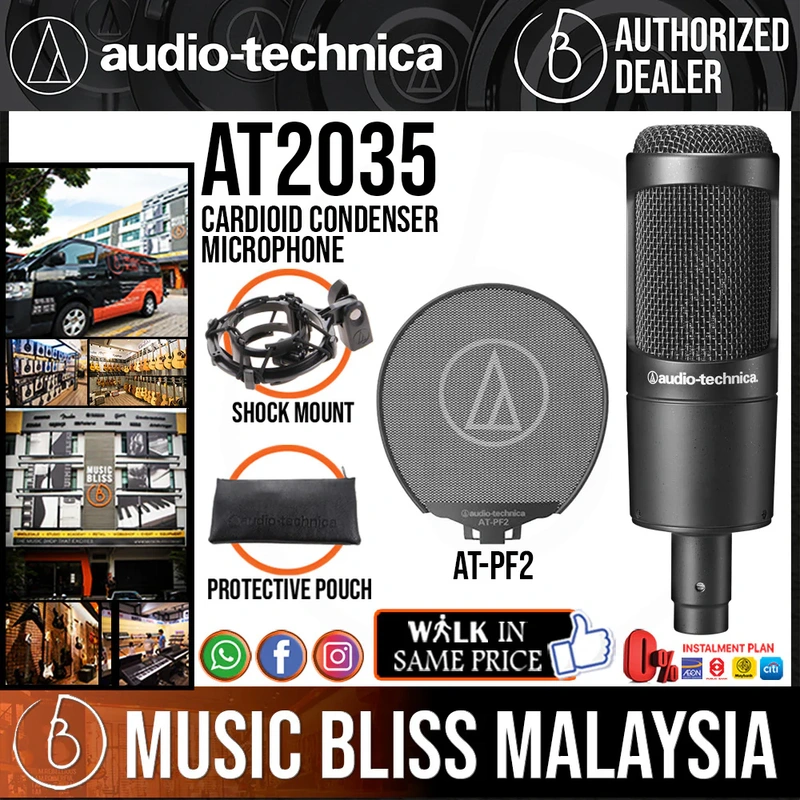 Audio Technica AT2035 Cardioid Condenser Microphone with AT-PF2 Full Metal Pop Filter
