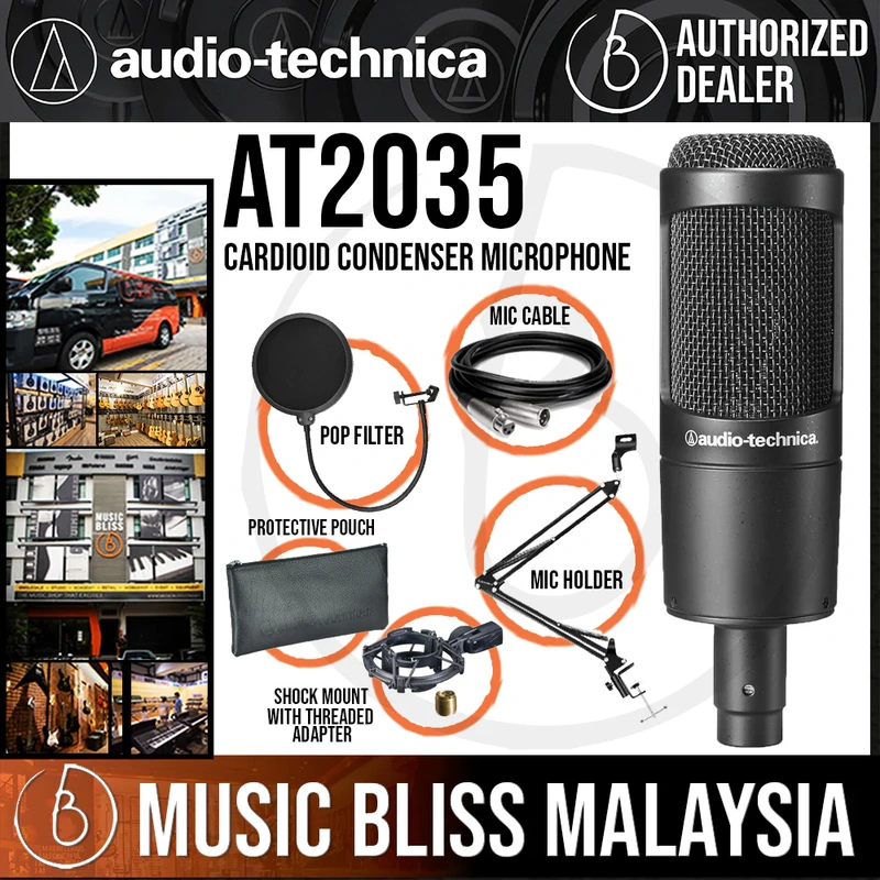 Audio Technica AT2035 Cardioid Condenser Microphone with Pop Filter, Mic Holder and 3m Cable