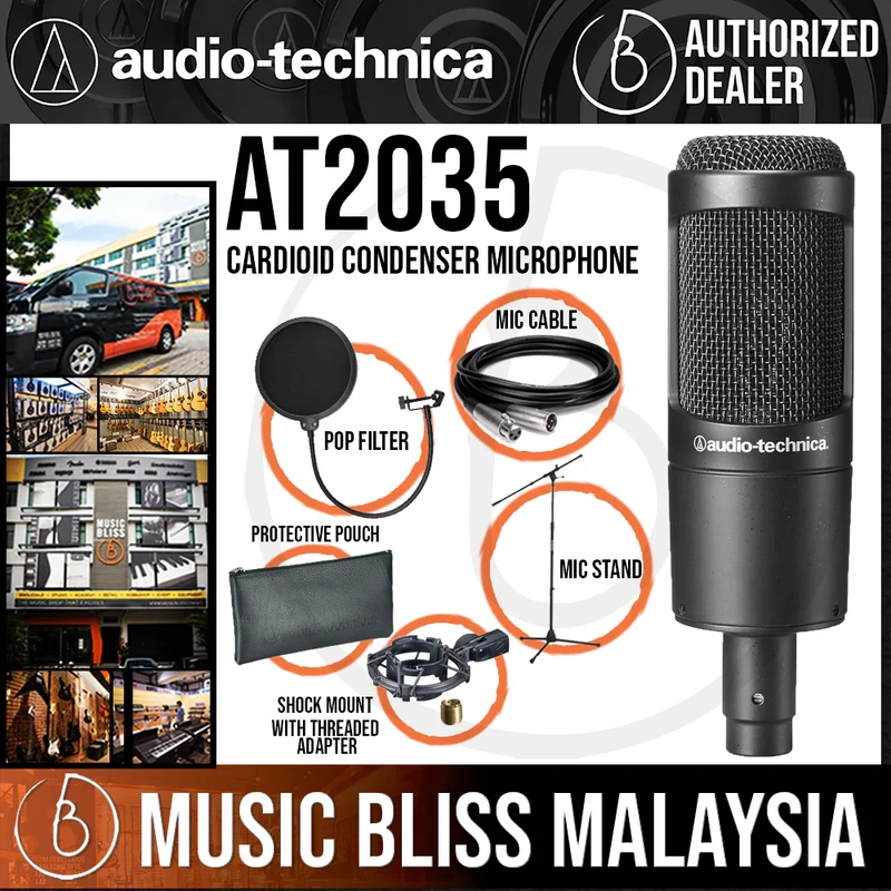 Audio Technica AT2035 Cardioid Condenser Microphone with with Mic Stand, Pop Filter and 3m Cable