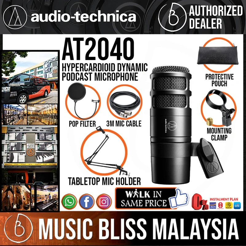 Audio Technica AT2040 Hypercardioid Dynamic Podcast Microphone with Pop Filter, Mic Holder and 3m Cable