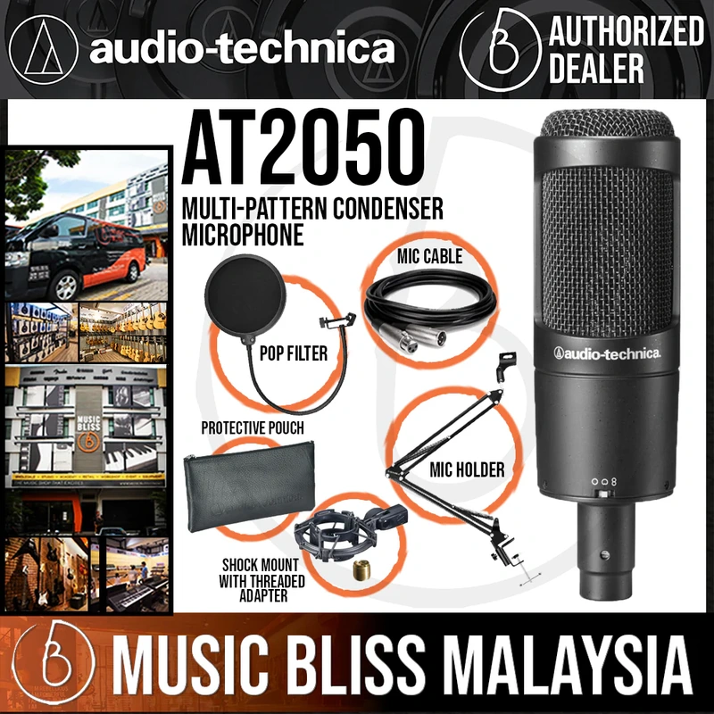 Audio Technica AT2050 Multi-pattern Condenser Microphone with Pop Filter, Mic Holder and 3m Cable