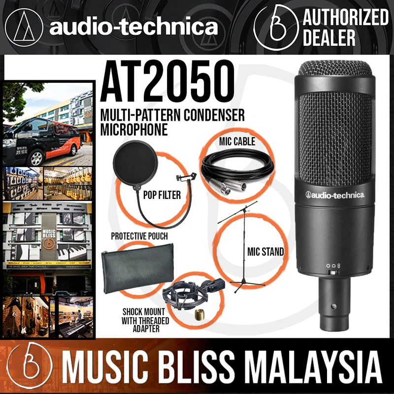 Audio Technica AT2050 Multi-pattern Condenser Microphone with with Mic Stand, Pop Filter and 3m Cable
