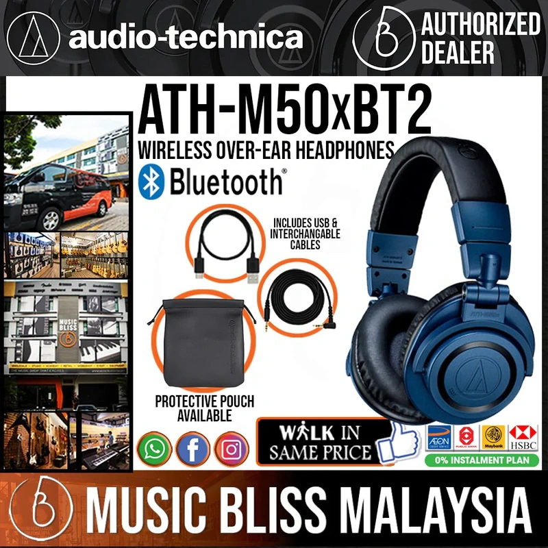 Audio Technica ATH-M50xBT2 Bluetooth Closed-back Studio Monitoring Headphones - Deep Sea