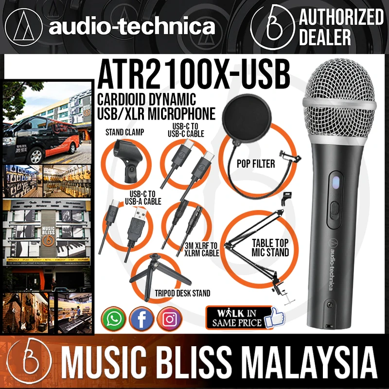 Audio Technica ATR2100X-USB Cardioid Dynamic USB/XLR Microphone with Pop Filter and Table Top Mic Stand