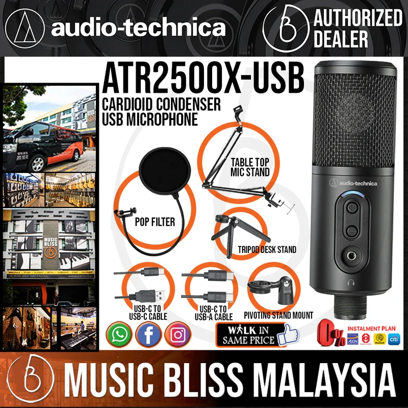 Audio Technica ATR2500x-USB Cardioid Condenser USB Microphone with Pop Filter and Table Top Mic Stand