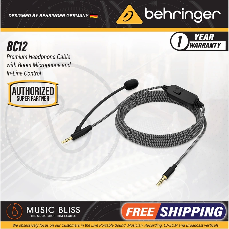 Behringer BC12 Premium Headphone Cable with Boom Microphone and In-line Control