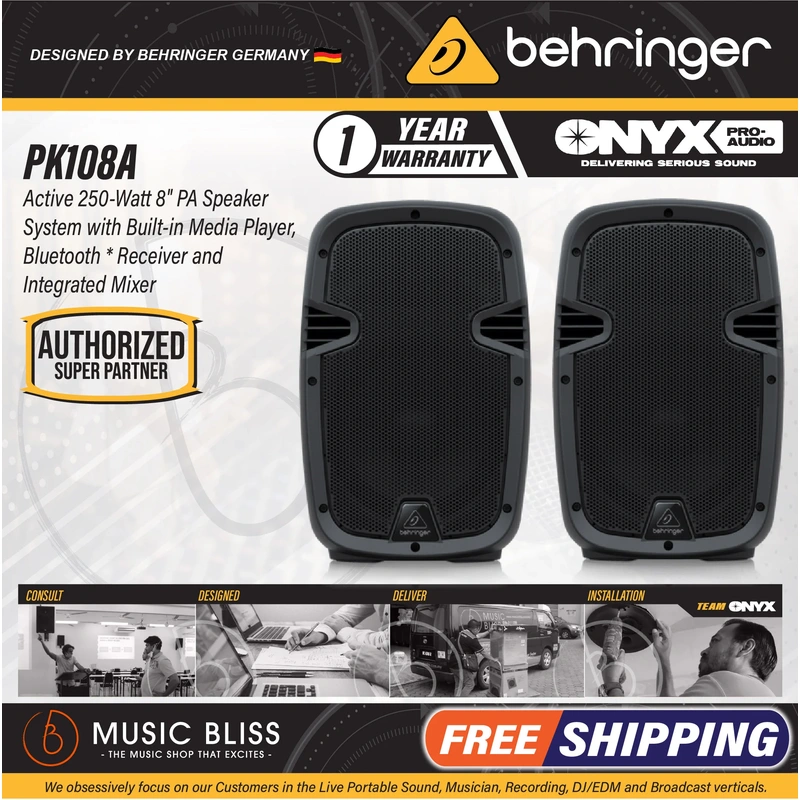 Behringer PK108A Active 250W 8" PA Speaker System with Bluetooth - Pair