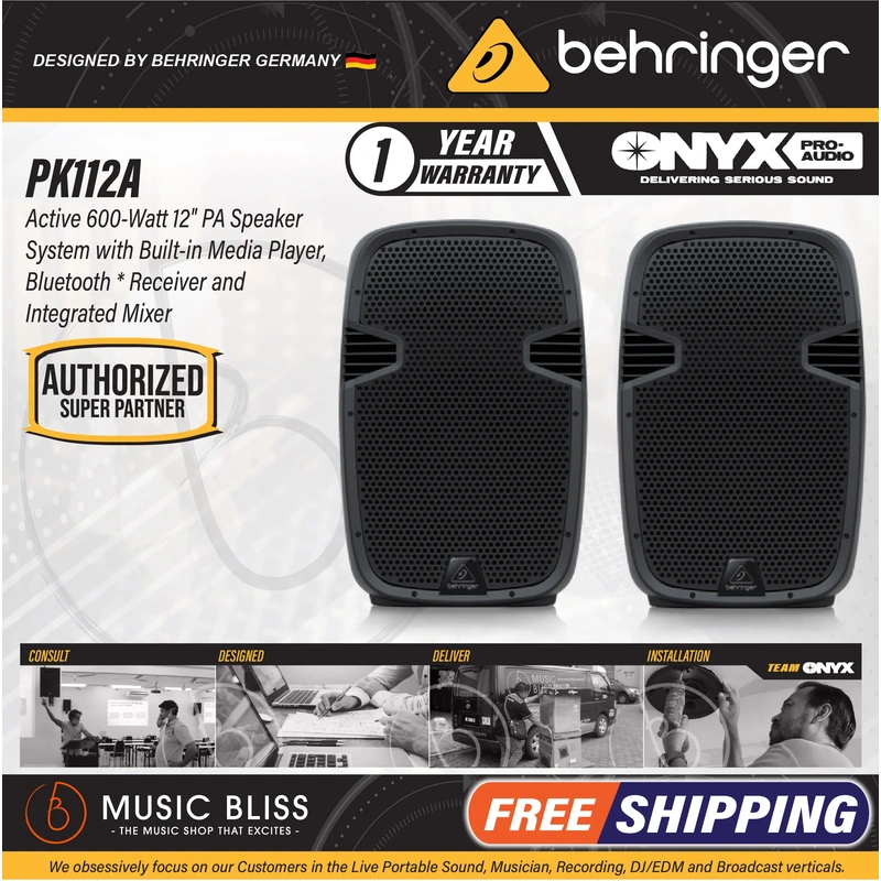 Behringer PK112A Active 600W 12" PA Speaker System with Bluetooth - Pair