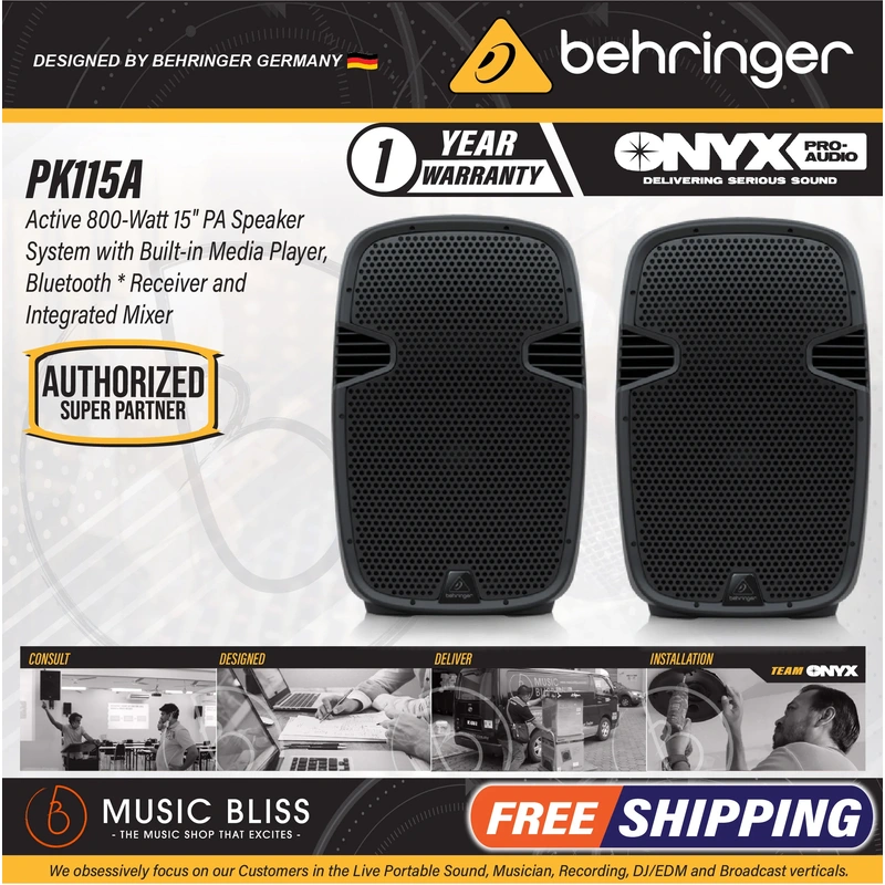 Behringer PK115A Active 800W 15" PA Speaker System with Bluetooth - Pair