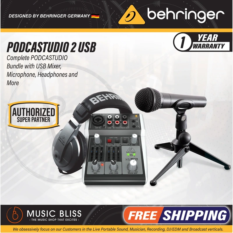 Behringer PODCASTUDIO 2 USB Bundle - Podcasting Bundle with XENYX-302USB + XM-8500 and HPM-1000