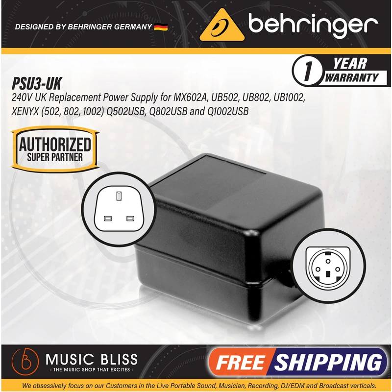 Behringer PSU3 240V UK Replacement Power Supply for MX602A, UB502, UB802, UB1002, XENYX (502, 802, 1002), Q502USB, Q802USB and Q1002USB