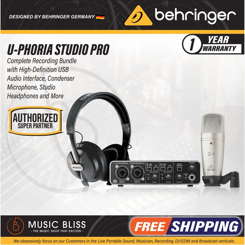 Behringer U-PHORIA Studio Pro Recording/Podcasting Bundle with UMC-202HD, C-1 Mic and HPS-5000