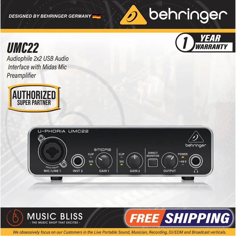 Behringer U-Phoria UMC22 Audiophile 2x2 USB Audio Interface with Midas Mic Preamplifier