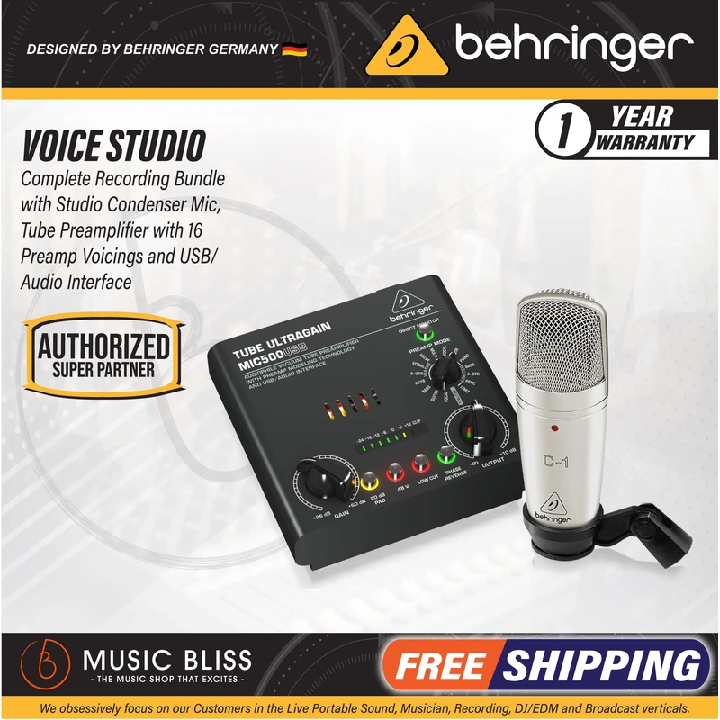 Behringer Voice Studio Recording Bundle - Recording Bundle with Condenser Microphone and Tube Mic Preamp with USB Audio Interface