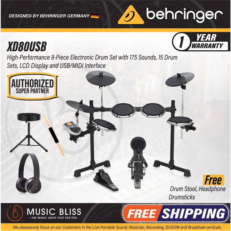 Behringer XD-80USB 5-piece Electronic Drum Set with Headphone, Drum Stool, Drumsticks, Best Beginner Home Practice Digital Drum ROLAND, YAMAHA, ALESIS, SUDOKU