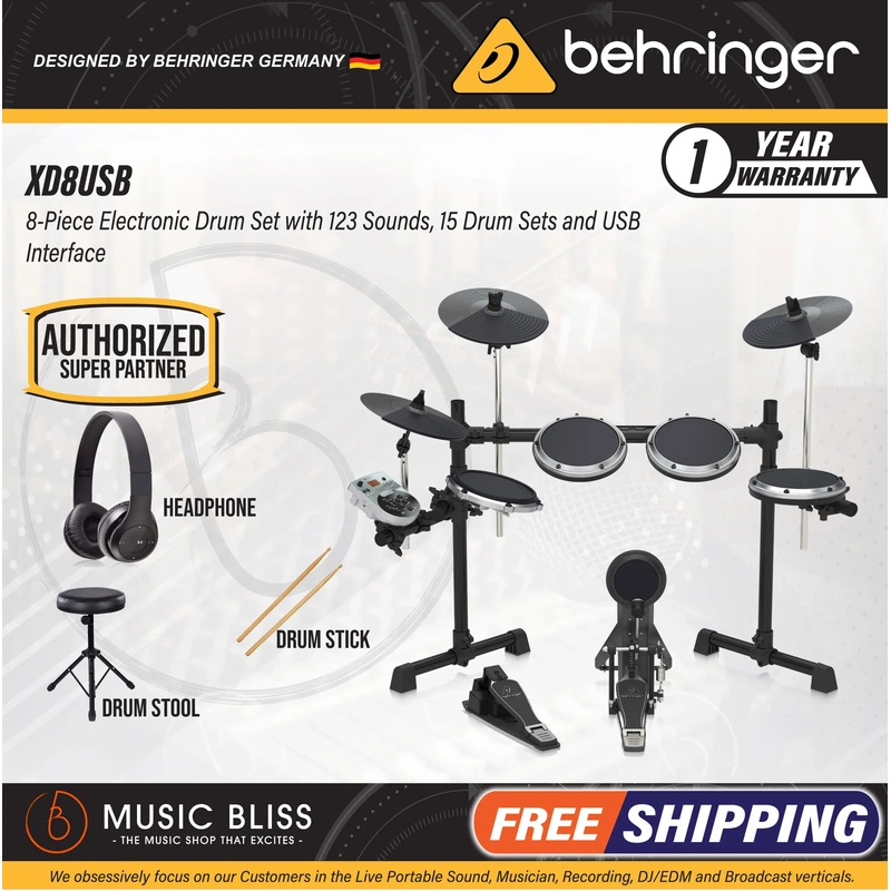 Behringer XD-8USB 5-piece Electronic Drum Set with Headphone, Drum Stool and Drumsticks, Best Beginner Home Practice Digital Drum ROLAND, YAMAHA, ALESIS, SUDOKU