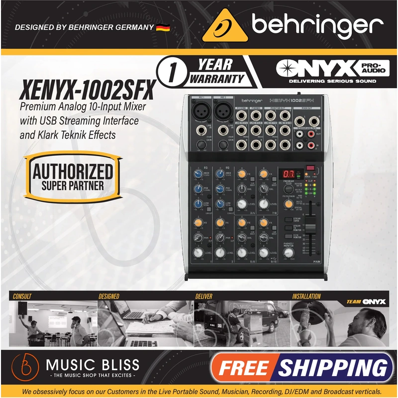 Behringer XENYX 1002SFX Premium Analog 10-Input Mixer with USB Audio Streaming Interface and Klark Teknik Effects