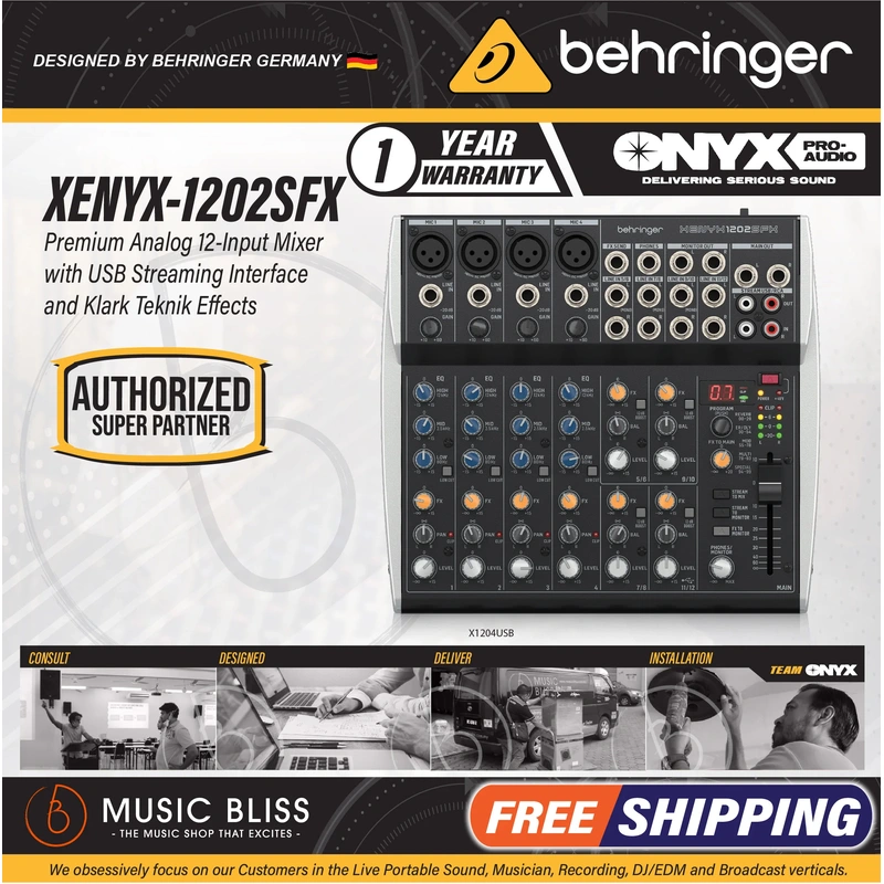 Behringer XENYX 1202SFX Premium Analog 12-Input Mixer with USB Audio Streaming Interface and Klark Teknik Effects
