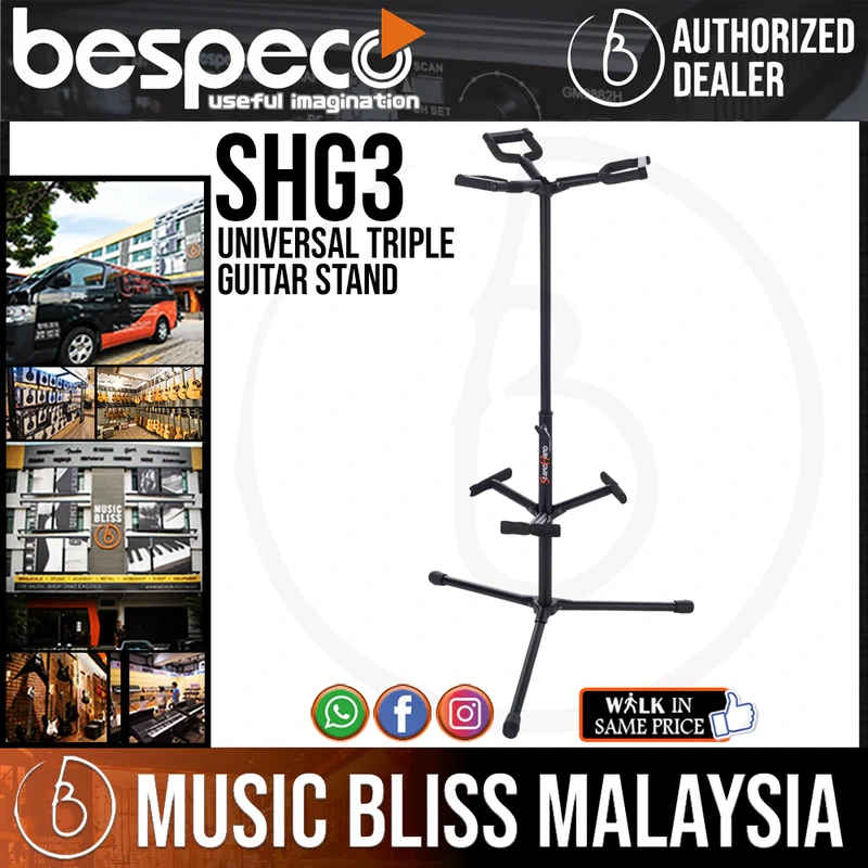 Bespeco SHG3 Universal Triple Guitar Stand with ABS Safety Lock Bar