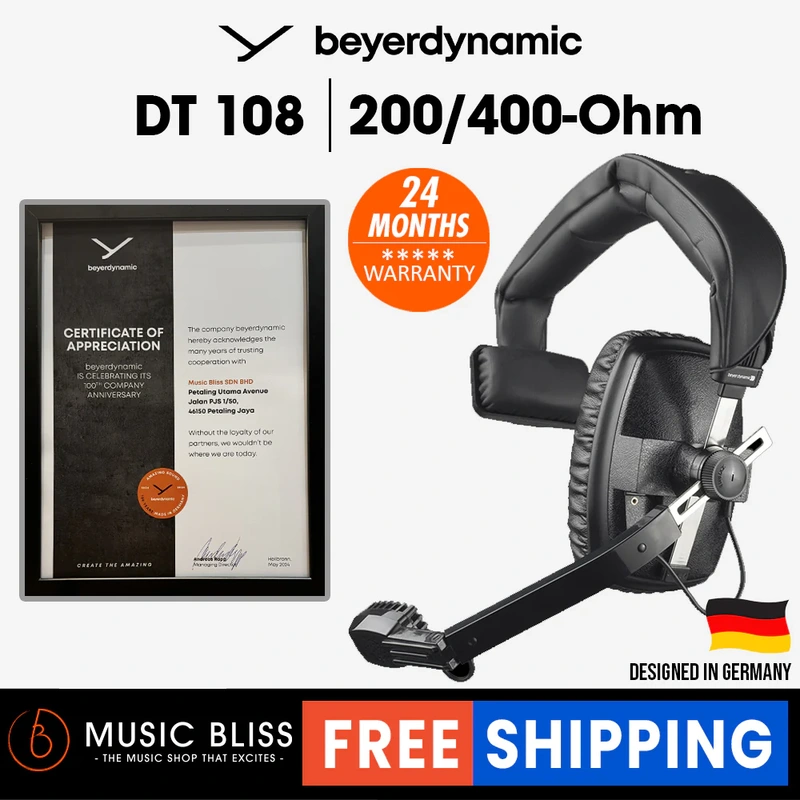 Beyerdynamic DT 108 400 Ohm, Single-Ear-Version with 200 Ohm dynamic microphone for live, remote broadcasting, studio, film, TV and language lab applications