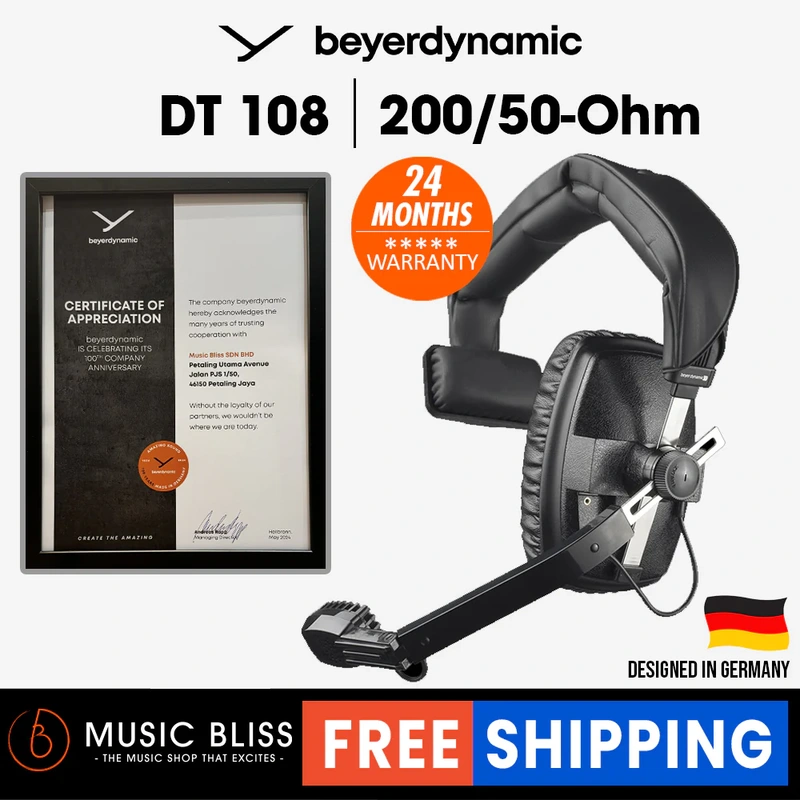 Beyerdynamic DT 108 50 Ohm, Single-Ear-Version with 200 Ohm dynamic microphone for live, remote broadcasting, studio, film, TV and language lab applications