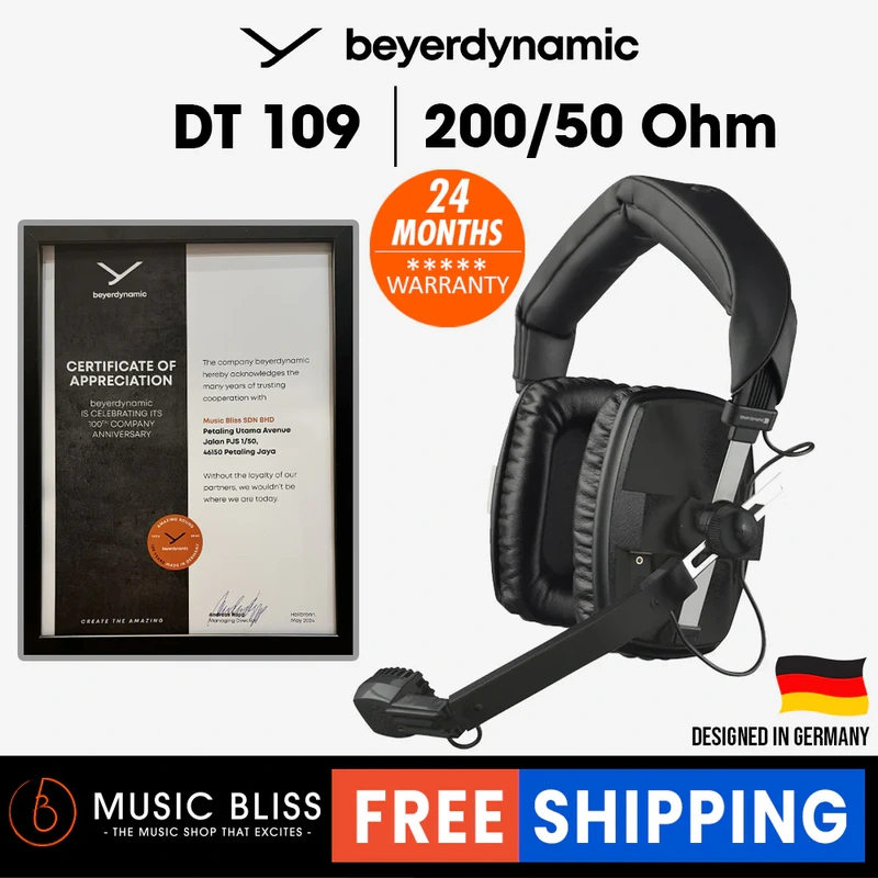 Beyerdynamic DT 109 200 Ohms BLACK Closed Headset with 50 Ohms Dynamic Hypercardioid Microphone for broadcast, camera crew, reporters
