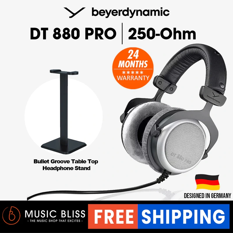 Beyerdynamic DT 880 PRO 250 Ohm Over-Ear Studio Headphone for mixing and mastering with Bullet Groove Table Top Headphone Stand