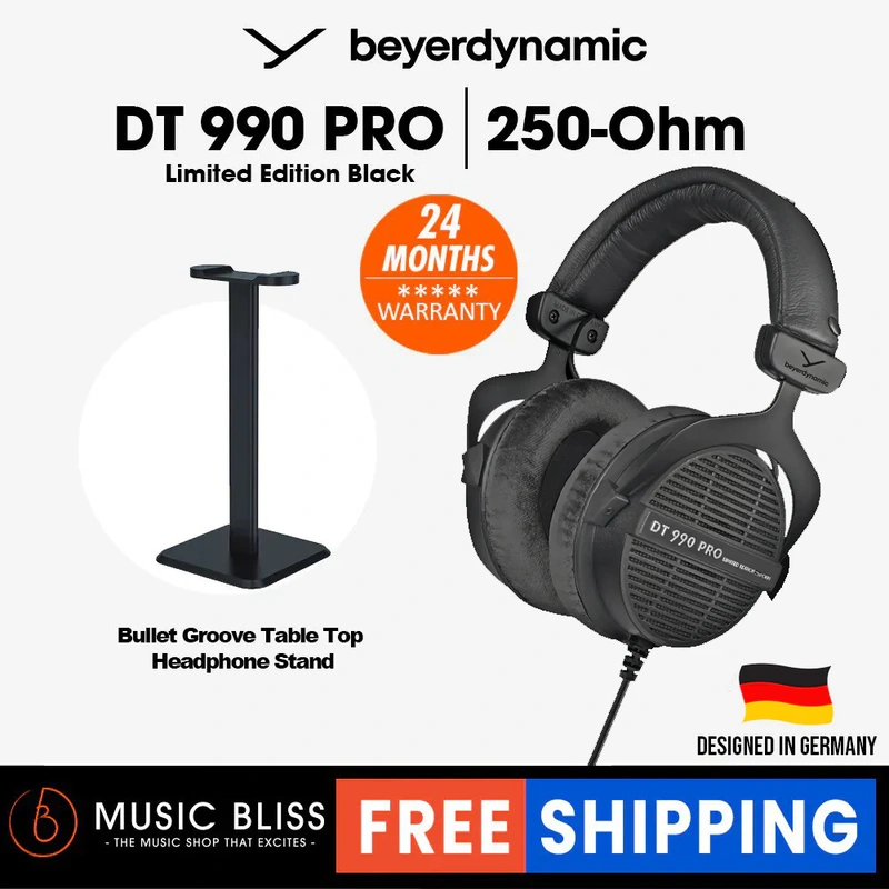 Beyerdynamic DT 990 PRO 250 Ohm Over-Ear Studio Headphones Limited Black Edition. Open Construction, Wired With Bullet Groove Table Top Headphone Stand