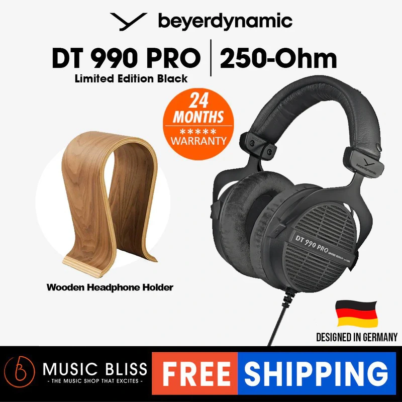 Beyerdynamic DT 990 PRO 250 Ohm Over-Ear Studio Headphones Limited Black Edition. Open Construction, Wired with Wooden Headphone Holder