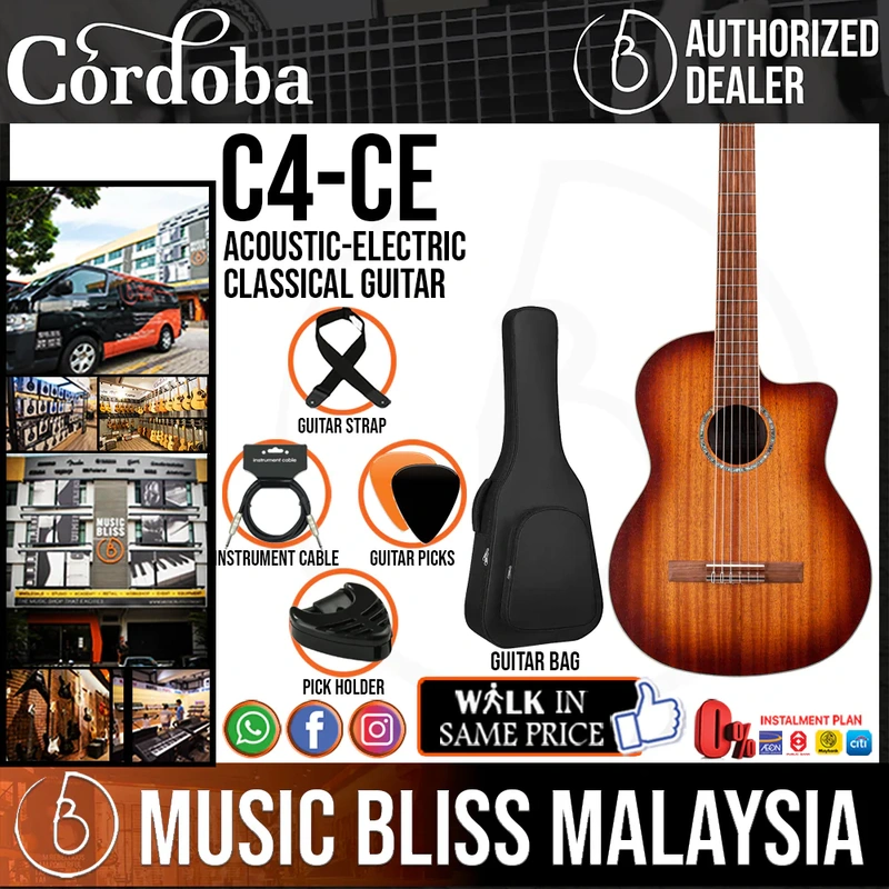 Cordoba C4-CE - Edgeburst Solid Mahogany Top, Mahogany Back & Sides with Pickup, Budget Electro-Classical Guitar