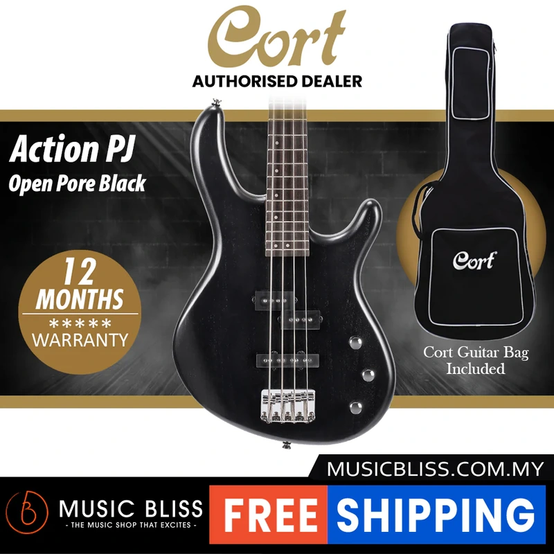 Cort Action PJ Electric Bass Guitar with Bag - Open Pore Black
