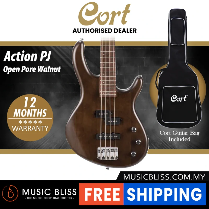 Cort Action PJ Electric Bass Guitar with Bag - Open Pore Walnut