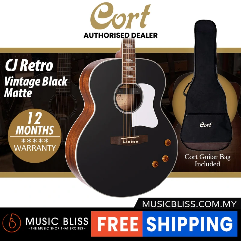 Cort CJ Retro Jumbo Acoustic Guitar with Bag - Vintage Black Matte