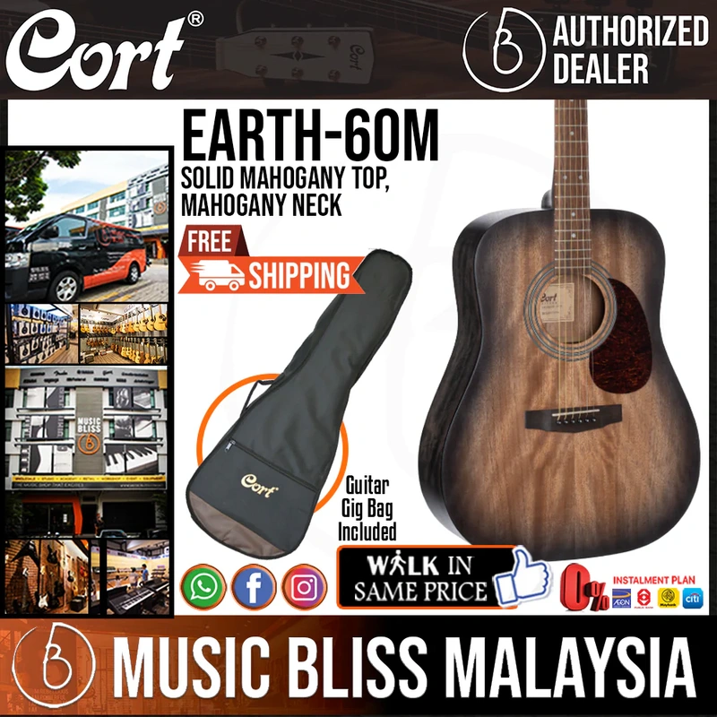 Cort Earth-60M Acoustic Guitar with Bag - Open Pore Black Burst