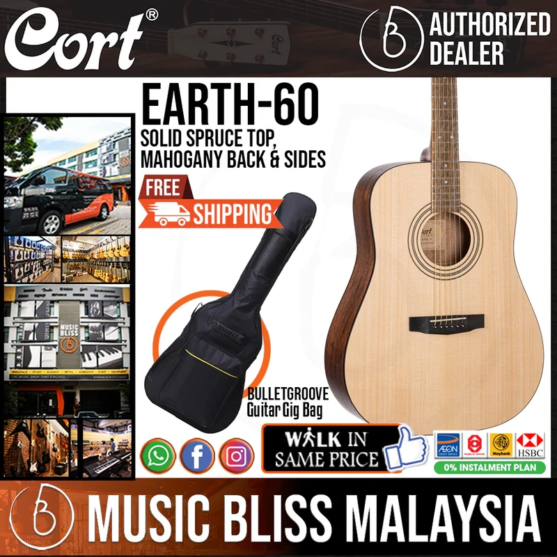 Cort Earth60 Acoustic Guitar with Bag - Open Pore Natural