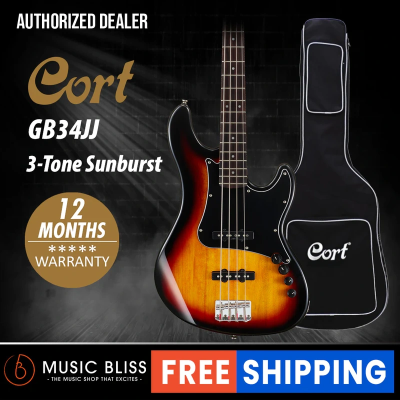 Cort GB34JJ 4-String Bass Guitar with Bag - 3-Tone Sunburst