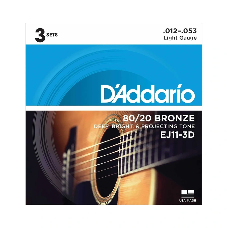 D'Addario EJ11 80/20 Bronze Light Gauge Acoustic Guitar Strings, Three Pack