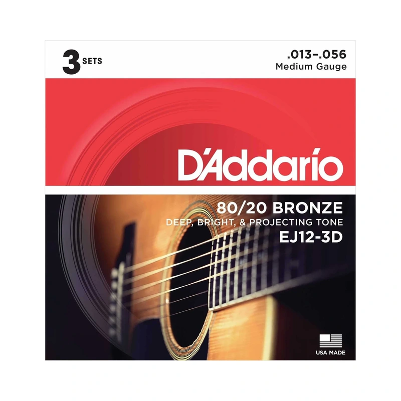 D'Addario EJ12 80/20 Bronze Medium Gauge Acoustic Guitar Strings, Three Pack